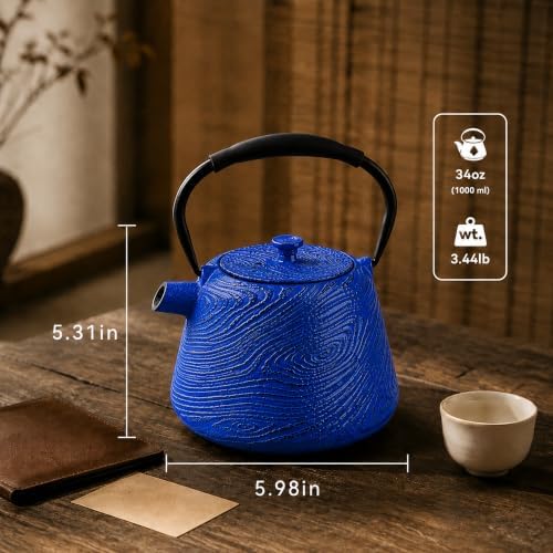Cast Iron Teapot 34 oz (1000 ml) with Infuser, Water Wave Design, Blue - Image 7