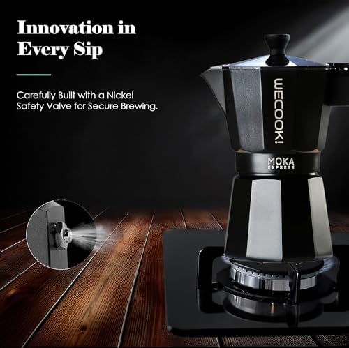 WECOOK! Bella Espresso Maker, Black, Aluminium, Mocha Coffee Maker, 6 Cups (300 ml), Silicone Seal & Safety Valve, Suitable for Gas, Electric and Glass Ceramic - Not for Induction - Image 6