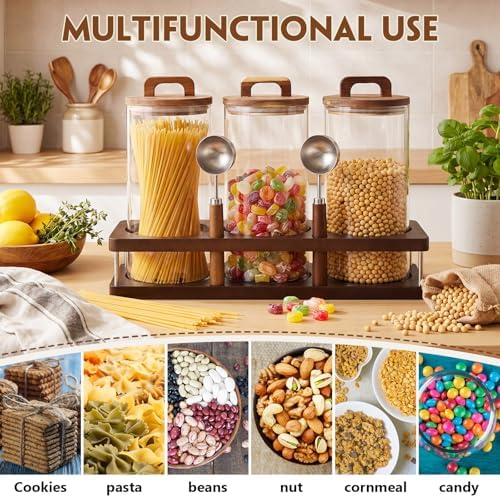 Suclain 3 Pcs 42 oz Glass Coffee Grounds Container with Shelf Glass Coffee Bean Storage Canisters with Airtight Lid and Measuring Spoon Food Storage Jars for Kitchen Sugar (Vintage Style) - Image 4