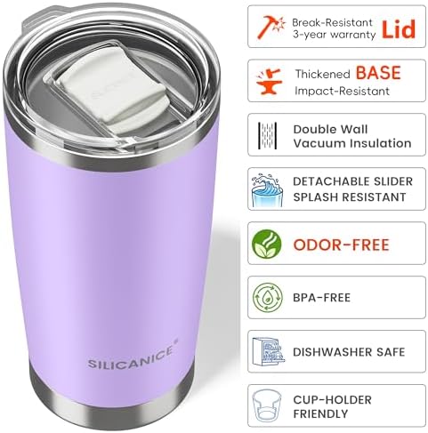 Coffee Tumbler 20 oz, Double Wall Stainless Steel Travel Coffee Mug with Removable Slider Lid, BPA Free, Car Cup Holder Compatible - Gym/Office/Travel/Home - Lilac - Image 5