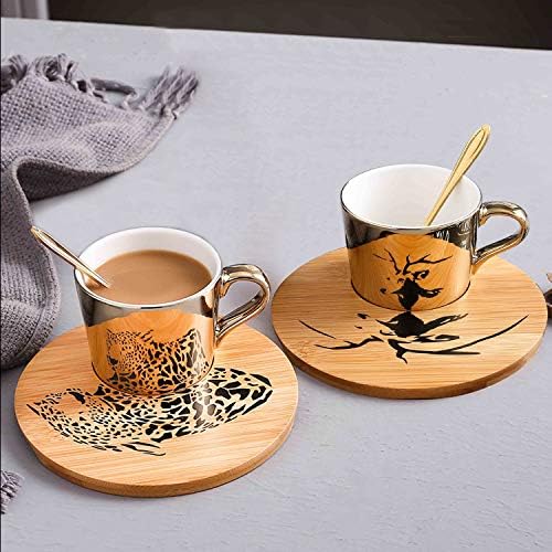 Mirror Cup and Saucer Set Cappuccino Cups Set of 2 Ceramic Gold Animal Espresso Cups with Saucers and Spoons 8 Ounce Tea Coffee Cup with Wood Saucer, Set of 2, Golden Best Gift - Image 2