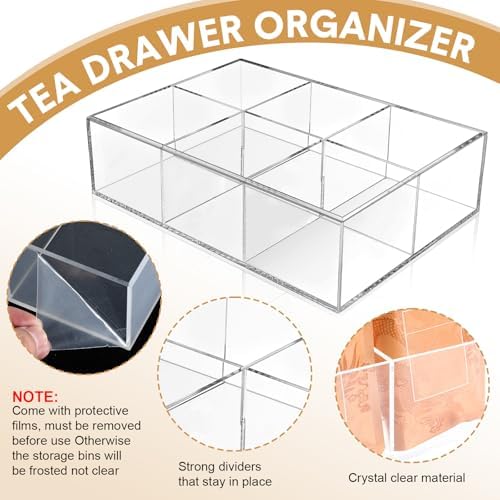 Maitys 4 Pcs Acrylic Tea Bag Organizer Clear, 6 Compartments Divided Box - Image 3