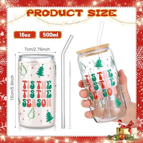SiliFine 6 Pcs Christmas Glass Cups, 16 oz with Lids and Straws - Image 3