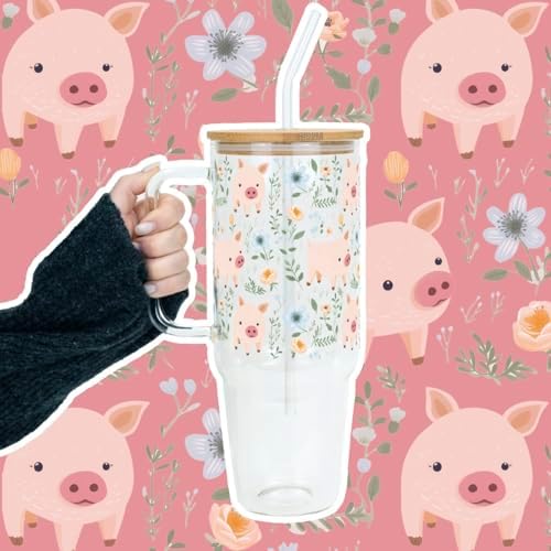 Sip-Sip Hooray! Piggy Floral 40oz Glass Tumbler with Lid and Straw - Image 2