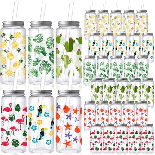 Skylety 30 Pcs Hawaiian Luau Cups 13. 5 oz Summer Tropical Plastic Cups with Lids and Straws Reusable Cute Plastic Tumbler for Hawaii Beach Sea Summer Birthday Party Drinkware Supplies by Skylety