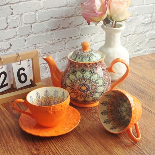 Porcelain Tea Set 5-Piece Tea Set,Teapot and Cup Set（34.2OZ、8.5OZ) Bohemian style suitable for tea, milk, coffee - Image 4