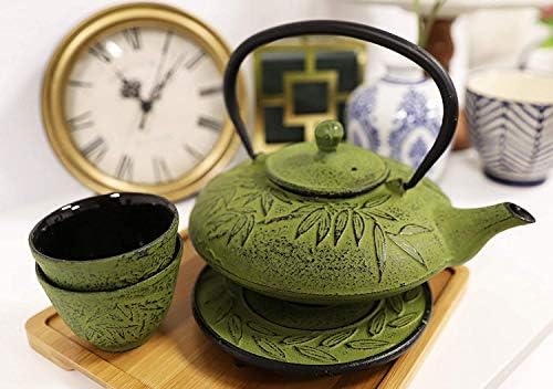 Ebros Gift Japanese Symbol Of Prosperity Evergreen Bamboo Forest Heavy Duty Cast Iron Tea Pot Set With Base Trivet and Cups Set Serves 2 Home And Kitchen Decor Accent Housewarming Gift (Yellow) - Image 6