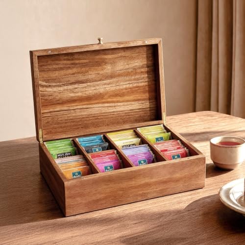 SARUFO Acacia Wood Tea Bag Organizers, Tea Packet Storage Boxes, 8-Compartment Tea Caddy for Tea Bags Chest, Teabag Holder Containers, Teabox Station Display by SARUFO