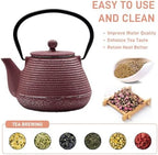 20.3oz Small Cast Iron Teapot, SECHUDO Tea Kettle for Stovetop Safe Coated with Enameled Interior, Tea Pot with Stainless Steel Infuser for Loose Tea (Pink Pinstripe Pattern) - Image 4