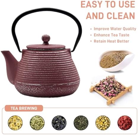 20.3oz Small Cast Iron Teapot, SECHUDO Tea Kettle for Stovetop Safe Coated with Enameled Interior, Tea Pot with Stainless Steel Infuser for Loose Tea (Pink Pinstripe Pattern) - Image 4