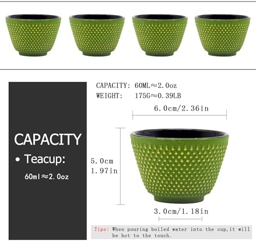 Japanese Cast Iron Tea Cups, Small and Heavy Teacups with no Handles, Japanese Style Cup for Adults, Asian Teacups, Coated with Enameled Interior, 4 Pcs/Box (Green, 2oz/60ml) - Image 4
