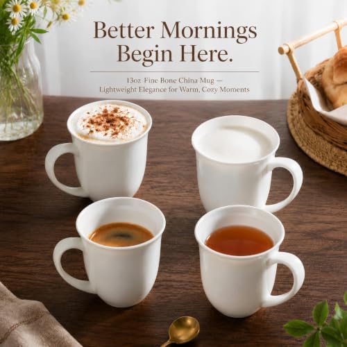 Fine Bone China Coffee Mugs Set of 4, 13 oz,White - Image 5