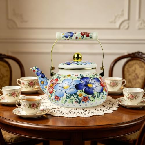 Floral Enamel Tea Kettle Blue Vintage Teapot Stovetop for Stove Boho Bohemain Hot Water Coffee Kettle Pot 2.5L Tea Pot with Ceramic Handle Kitchen Home Decor - Image 4