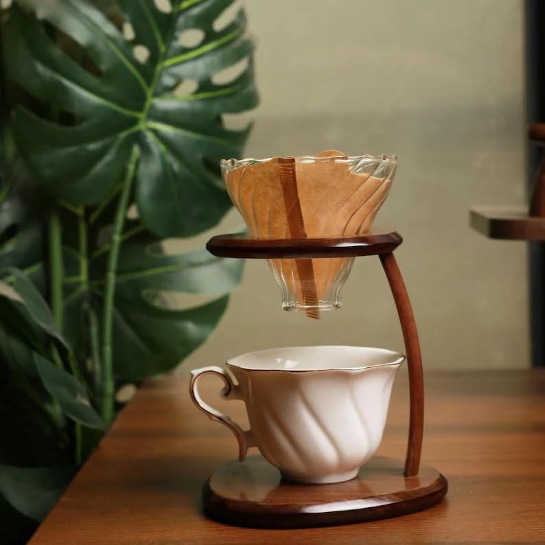 Wooden Pour Over Coffee Stand, Modern Minimalist Drip Coffee Holder, Glass Dripper & Ceramic Cup Set for Home Kitchen Barista, Countertop Coffee Brewing Station - Image 5