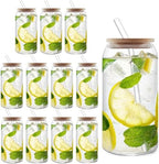 HOMBERKING Glass Cups with Bamboo Lids and Straws 12pcs Set, 20oz Can Shaped Glass Cups, Beer Glasses, Iced Coffee Cup, Cute Tumbler Cup with Cleaning Brushes, Ideal for Cocktail, Whiskey, Tea by HOMBERKING