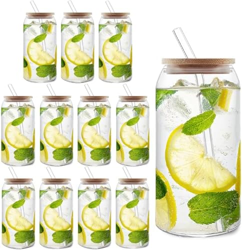 HOMBERKING Glass Cups with Bamboo Lids and Straws 12pcs Set, 20oz Can Shaped Glass Cups, Beer Glasses, Iced Coffee Cup, Cute Tumbler Cup with Cleaning Brushes, Ideal for Cocktail, Whiskey, Tea by HOMBERKING