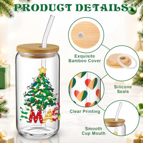 6 Pcs Christmas Glass Cups with Lids and Straws Snowman Christmas Tree Gnome Blessed Tumbler 16 oz Xmas Reusable Can Shaped Drinking Glasses Bulk for Winter Gifts Party Supplies - Image 3
