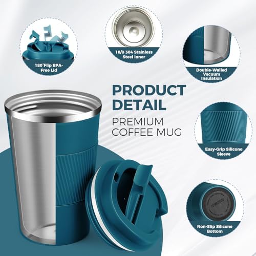 Volhoply 13 oz Stainless Steel Insulated Travel Coffee Mug with Fip Lid Bulk 4 Pack,Reusable Double Wall Vacuum Metal Coffee Cup,Portable Leak Proof Thermal Tumbler for Hot & Cold Drinks(Bule,4) - Image 3