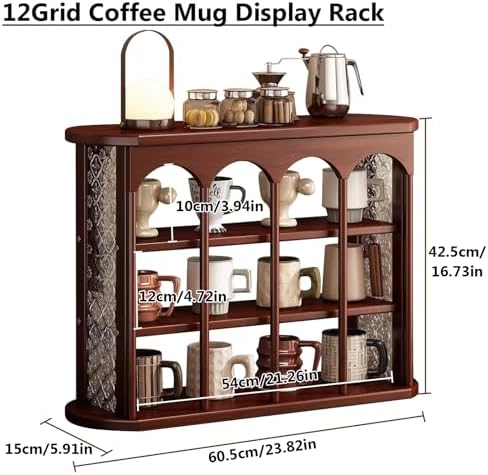 Wooden Mug Holder Countertop, Freestanding Grid Vintage Coffee Cup Display Stand, Rustic Coffee Mug Holder Organizer for Kitchen, Coffee Station,Brown,12 Grid - Image 2