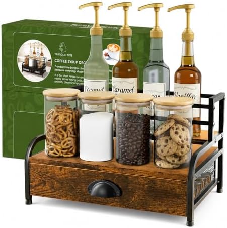 3-Tier Coffee Bar Stand Organizer for Countertop, Rustic Wood & Metal Bottle Display Shelf with Coffee Pod Drawer, Wine Rack, Liquor Display Shelf for Home Coffee Station by Unknown