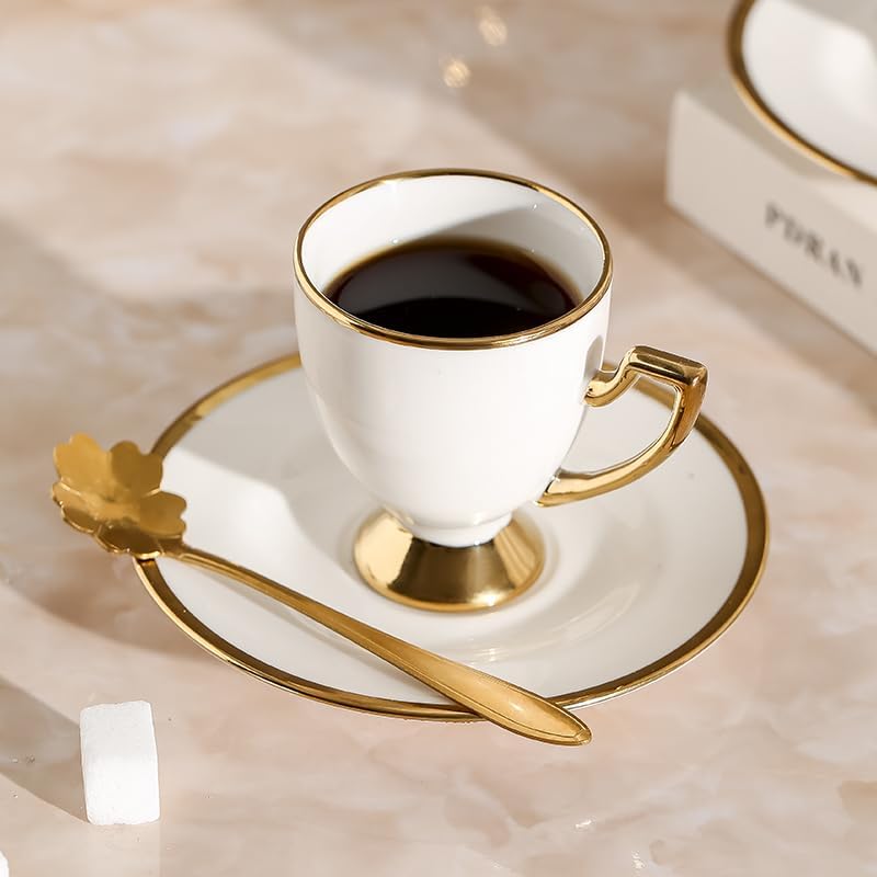 Ceramic coffee cups and saucers, 6 cups 6 saucers 6 spoons, 18 pieces 3 ounce gold rim cup sets, teacup tea set sets, suitable for cappuccino, latte, mocha (Modern) - Image 7