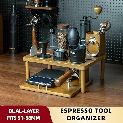 NEOUZA Espresso Organizer Station with Built-in Tamping Stand - All-in-One Bamboo Coffee Bar Workstation, Features Pull-Out Shelf, Storage for Portafilters, Tamper, Distributor & Tools - Image 2