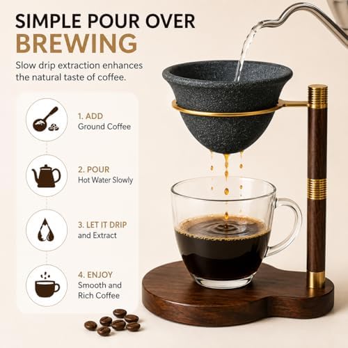 Sandstone Coffee Dripper with Wooden Stand, Reusable Pour Over Filter - Image 4