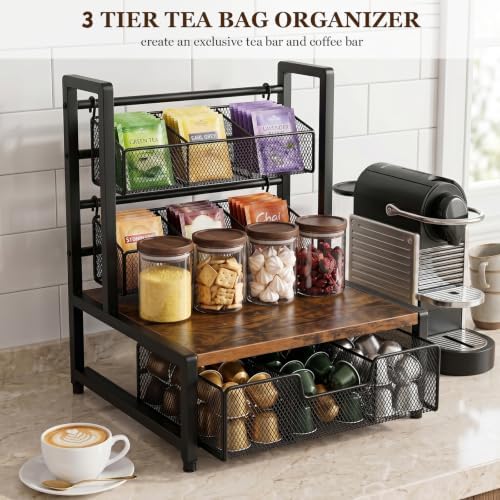 3 Tier Coffee Station Organizer with Drawer and Hanging Baskets, Wood & Metal Large Capcity Coffee Bar Organizer for K Cups, Coffee Pods, Tea Bags, Sugar Packets, Countertop Storage Rack - Image 2