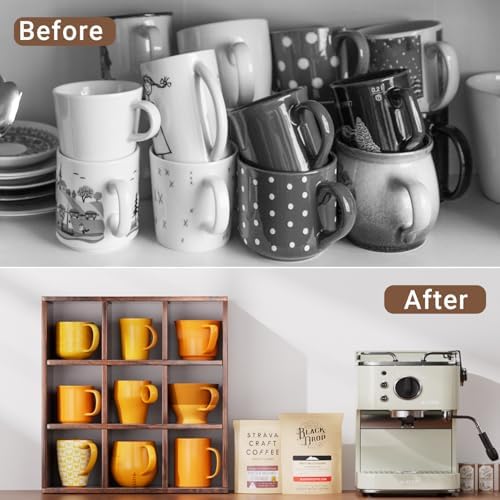 Helsin 9 Grid Vintage Coffee Mug Display Rack, 16inch Wall Mounted Wooden Curio Shadow Box Shelf, Cup Floating Shelves Display and Organizer (Bronze) - Image 6