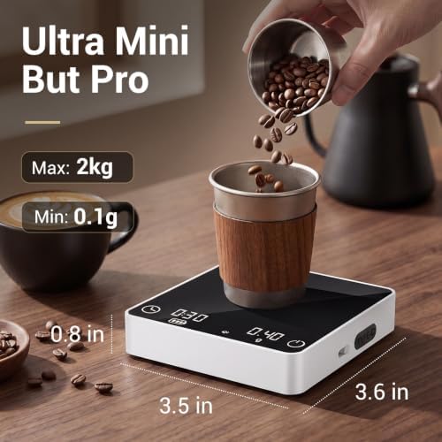Mini Coffee Scale with Timer, 0.1g/2kg Rechargeable Espresso Scale, 4 Brewing Modes with Auto Tare and Real-Time Brew Ratio, Compact Digital Brewer for Pour-Over, White - Image 3