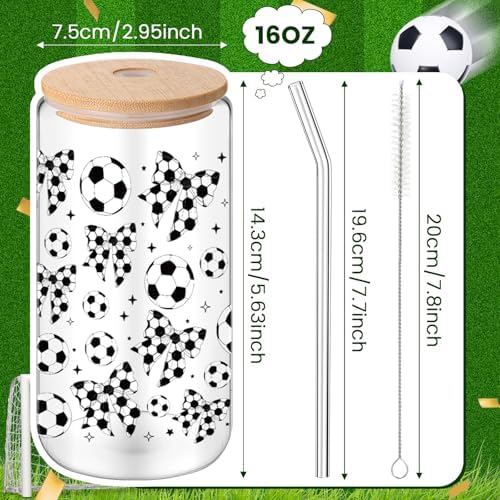 12 Pack 16 Oz Soccer Glass Cups with Lid and Straw Sports Glass Clear Reusable Cups Iced Coffee Drinking Tumbler for Sports Themed Party Favors Team Gifts Birthday Party Supplies - Image 3