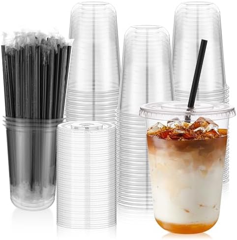 tchrules 100 Set 16oz Clear Plastic Iced Coffee Cups with Lids and Straws by TCHRULESHOME