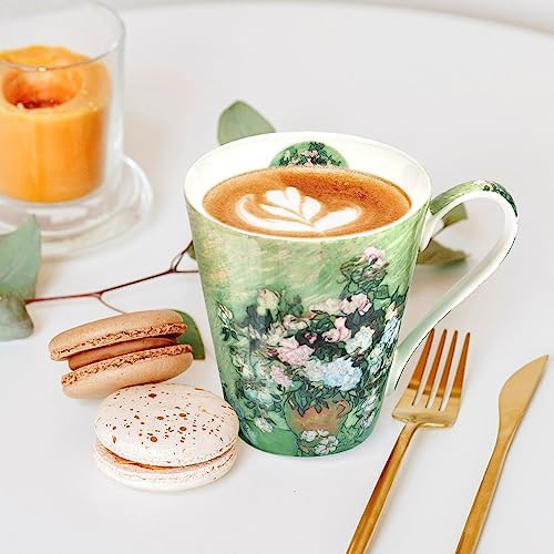 Coffee Mug Sets of 4, 12oz Bone China Porcelain Cups with Art Print Large Handle Dishwasher Microwave safe for Tea Cocoa or Hot Chocolate - Image 7