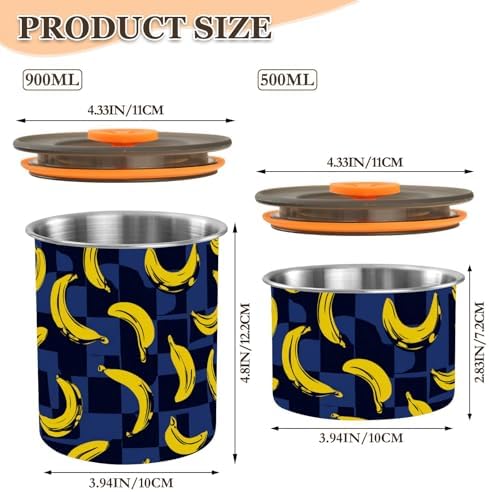 Dry Food Storage Containers Stainless Steel Storage Containers For Pantry Blue and Black Checkered Bananas Stackable Push Button 900ml - Image 3