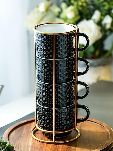LYEOBOH Stackable Coffee Mugs Set of 4 with Rack & Spoons Coffee Mug Set 13 OZ., Ceramic Embossed Grinding Demitasse Cups Set Cappuccino Cup Halloween for Coffee, Latte, Macchiato, Espresso, Black - Image 4