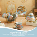 20Pcs Porcelain Tea Set for Adults, European Ceramic Tea Set Flower Ceramic Tea Cups, Teapot, & Saucers with Metal Holder for Women Tea Party (Blue) - Image 6