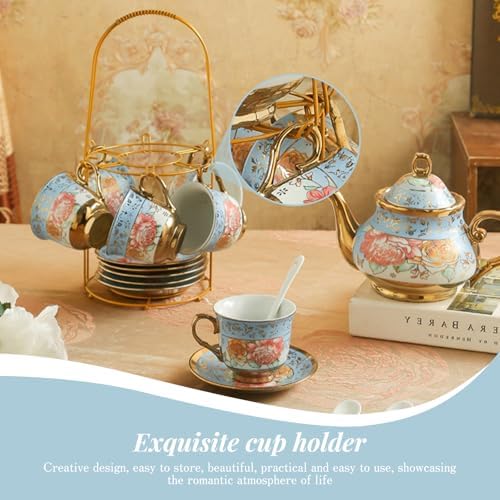 20Pcs Porcelain Tea Set for Adults, European Ceramic Tea Set Flower Ceramic Tea Cups, Teapot, & Saucers with Metal Holder for Women Tea Party (Blue) - Image 6