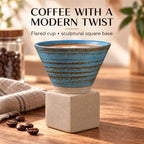 Ceramic Pedestal Coffee Cup, 7 Oz Flared Mug with Square Holder, 25 Colors (Red Slate Crackle) - Image 2