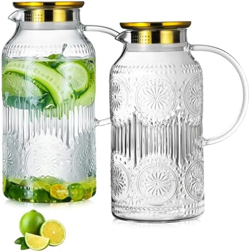 Buaic 2 PACK Glass Pitcher with Lid, 68 oz Vintage Water Carafe for Fridge by Buaic