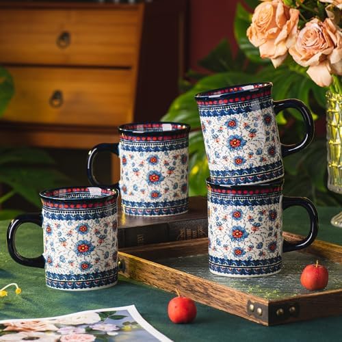Ceramic Latte Mug Set of 4, 15.5oz Hand Painted Porcelain Coffee Cups With Handle for Tea/Milk/Cocoa - Modern Retro Design For Any Kitchen. Microwave and Dishwash Safe (Blue plasma grass) - Image 3