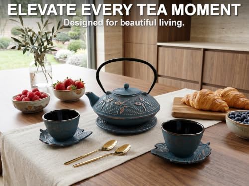 Blue Butterfly Cast Iron Tea Set, 2 Cups, 2 Saucers, Infuser & Trivet - Image 2