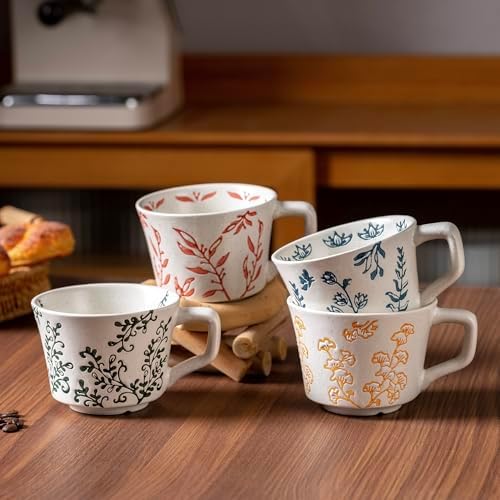 Ceramic Mugs 11 oz Unique Luxurious Cups Set of 4, Mug for Coffee Milk Latte Cappuccino Tea, Office Home Dishwasher Microwave Freezer Safe Stoneware Handmade Minimalist Mixed Cup - Image 3