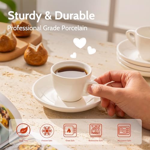 Sweese 4oz Porcelain Espresso Cups with Saucers, Set of 6 - Ideal for Espresso, Cappuccino, Latte, Tea - White - Image 4