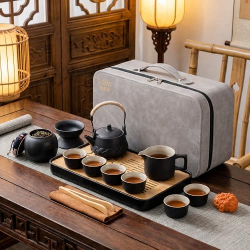 ICHAG Gongfu tea sets,Tea pet,Portable Ceramic TeaSet, Asian Tea sets for adult, Tea Gift sets, Grey leather case, Portable Travel Bag,Home,Gifting,Outdoor and Office - Image 6