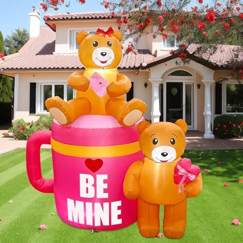 AerWo 5FT Valentines Inflatables Coffee Cup with Lovely Bear, LED Lighted Romantic Valentines Inflatables Outdoor Decorations, Valentines Day Decor Blow Up Yard Decorations for Wedding Lawn - Image 4