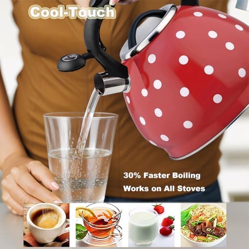 Whistling Tea Kettle, 3.2 Quart Polka Dot Stainless Steel Teapot For Stovetop, Cool Touch Ergonomic Handle, Black/white Teakettle, Perfect For Home & Kitchen Red 3.2 Quarts - Image 4