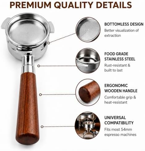 54mm Bottomless Portafilter for Breville Barista Express, Pro, Touch, Bambino Plus & Infuser (3-Ear Design) – Naked Espresso Portafilter with 18g Basket, WDT Tool, Puck Screen & Rosewood Handle - Image 4