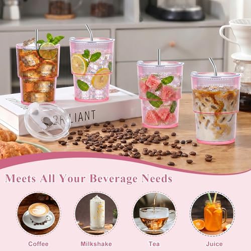 8 Pcs 15oz Plastic Tumblers with Lids and Straw Ribbed Iced Coffee Cups Pink Reusable Plastic Cups Leak-Proof Travel Iced Coffee Tumblers for Home Office Travel with Clean Brush - Image 6