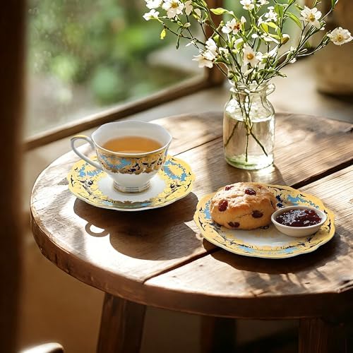 Luxury White & Gold Embossed Tea Cups and Saucers with Teapot, Sugar Bowl, & &Creamer, Vintage European Porcelain Coffee Set for Tea Party, Wedding, Gift (Turquoise&Gold, 4pcs/set) - Image 3