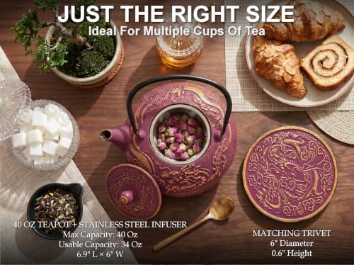 40 Oz Purple Dragon Cast Iron Teapot, Enamel Interior, Infuser & Trivet - Image 5